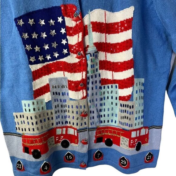 NWT Storybook Knits L/S Cardigan in Azure Blue Limited Edition Patriotic Theme L - Picture 5 of 6